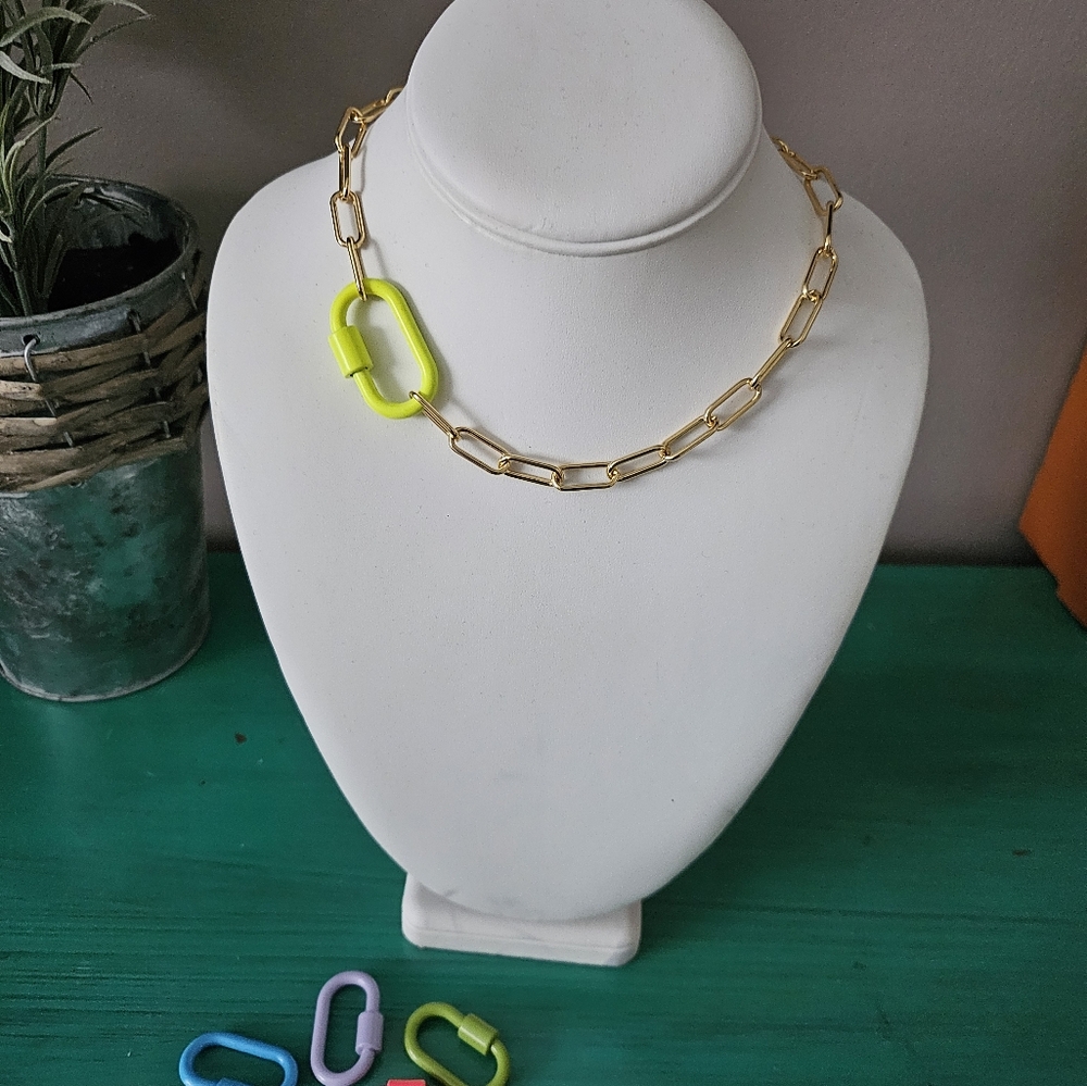 Gold Paperclip/Charm Starter Necklace with Neon Yellow Carabiner.